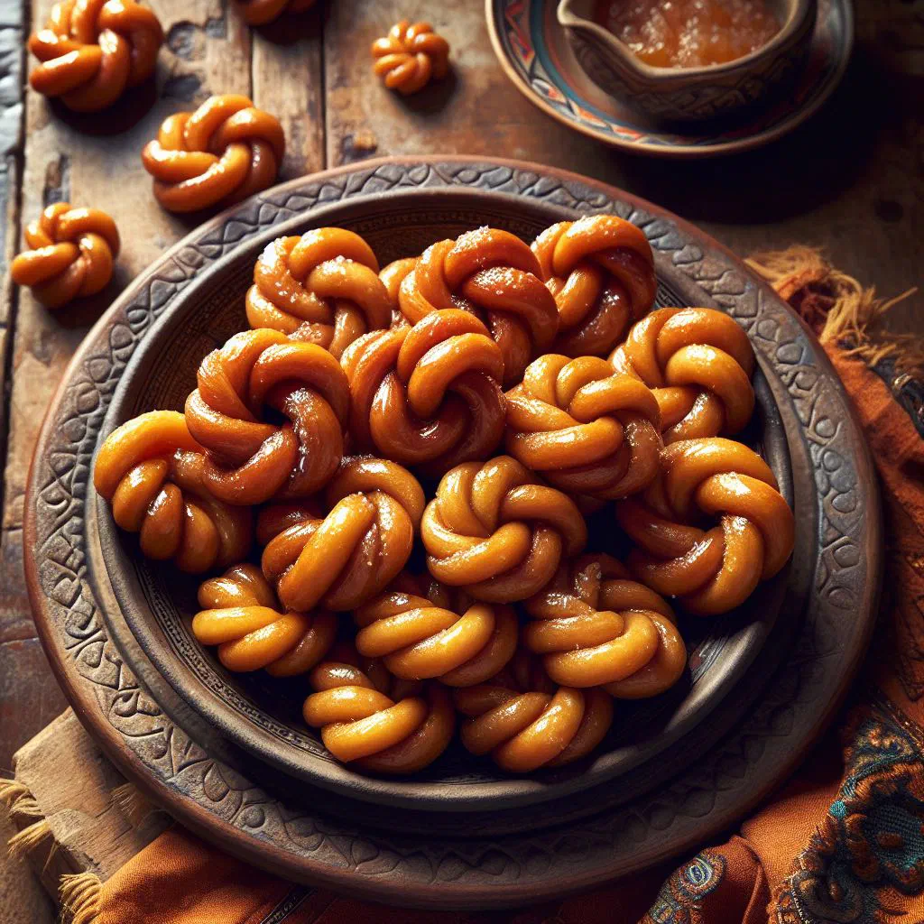 Golden-brown Lakhamari pastries dusted with sugar on a plate