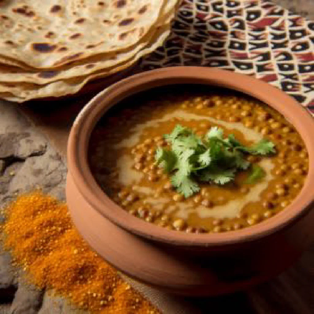 A steaming bowl of Nepalese mas ko dal garnished with fresh coriander