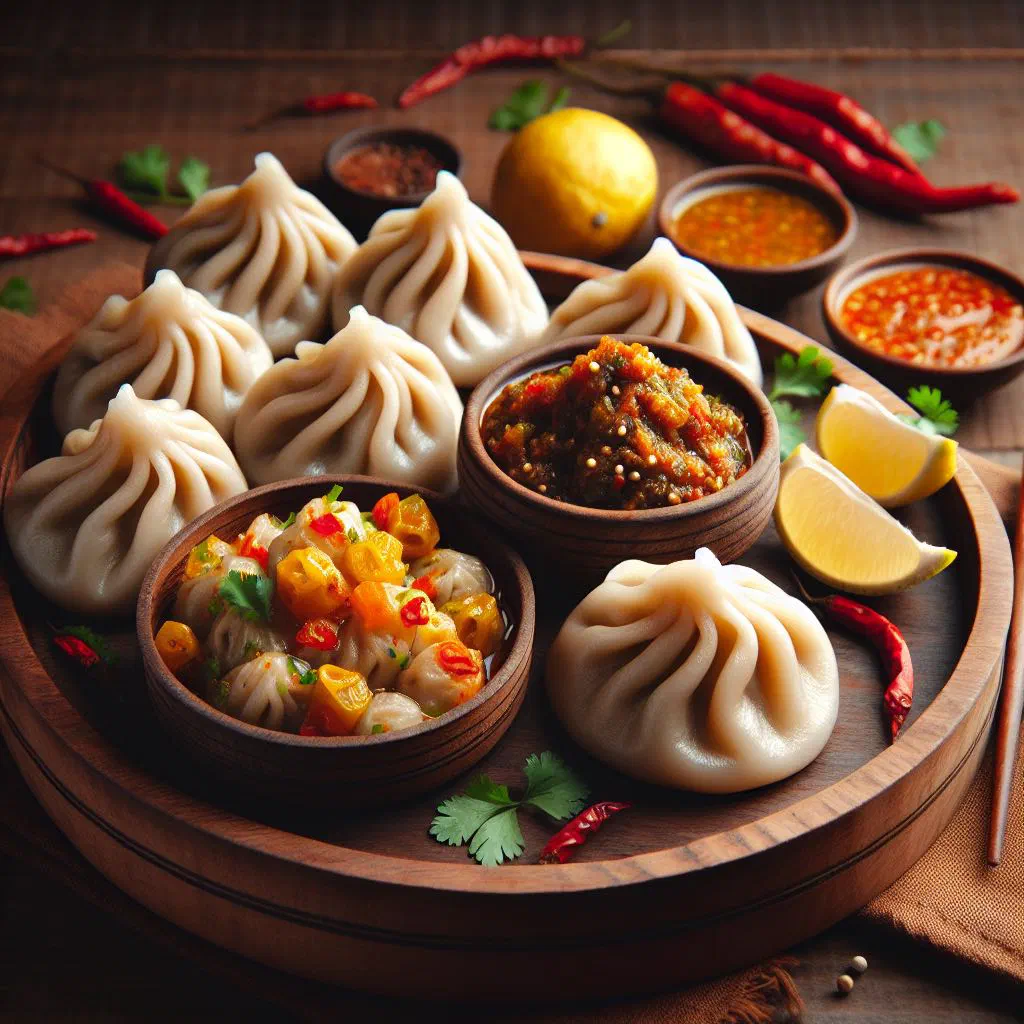 Steamed Nepalese momo dumplings served with a bowl of tomato achar dip