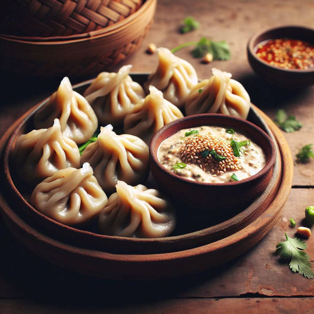 Steamed Nepalese momo dumplings served with a sesame dipping sauce