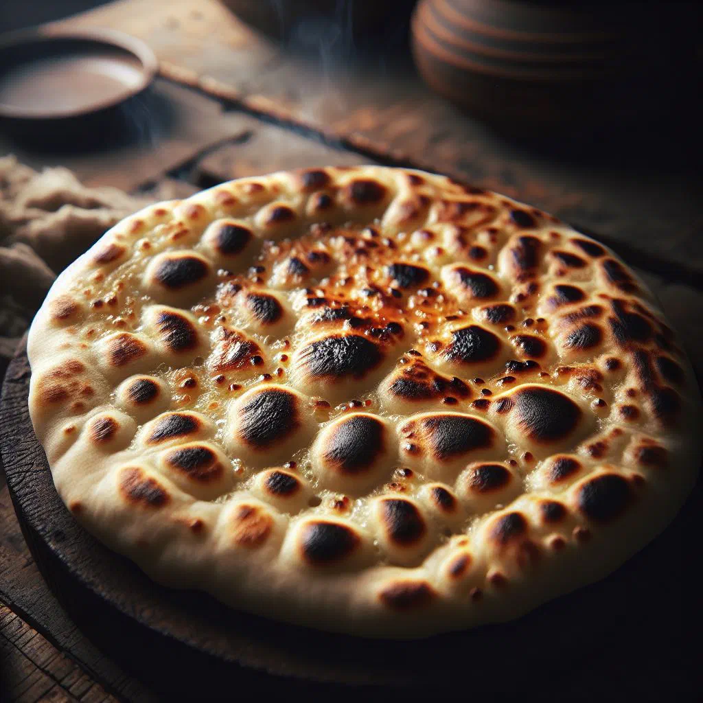 Freshly baked naan flatbread brushed with butter