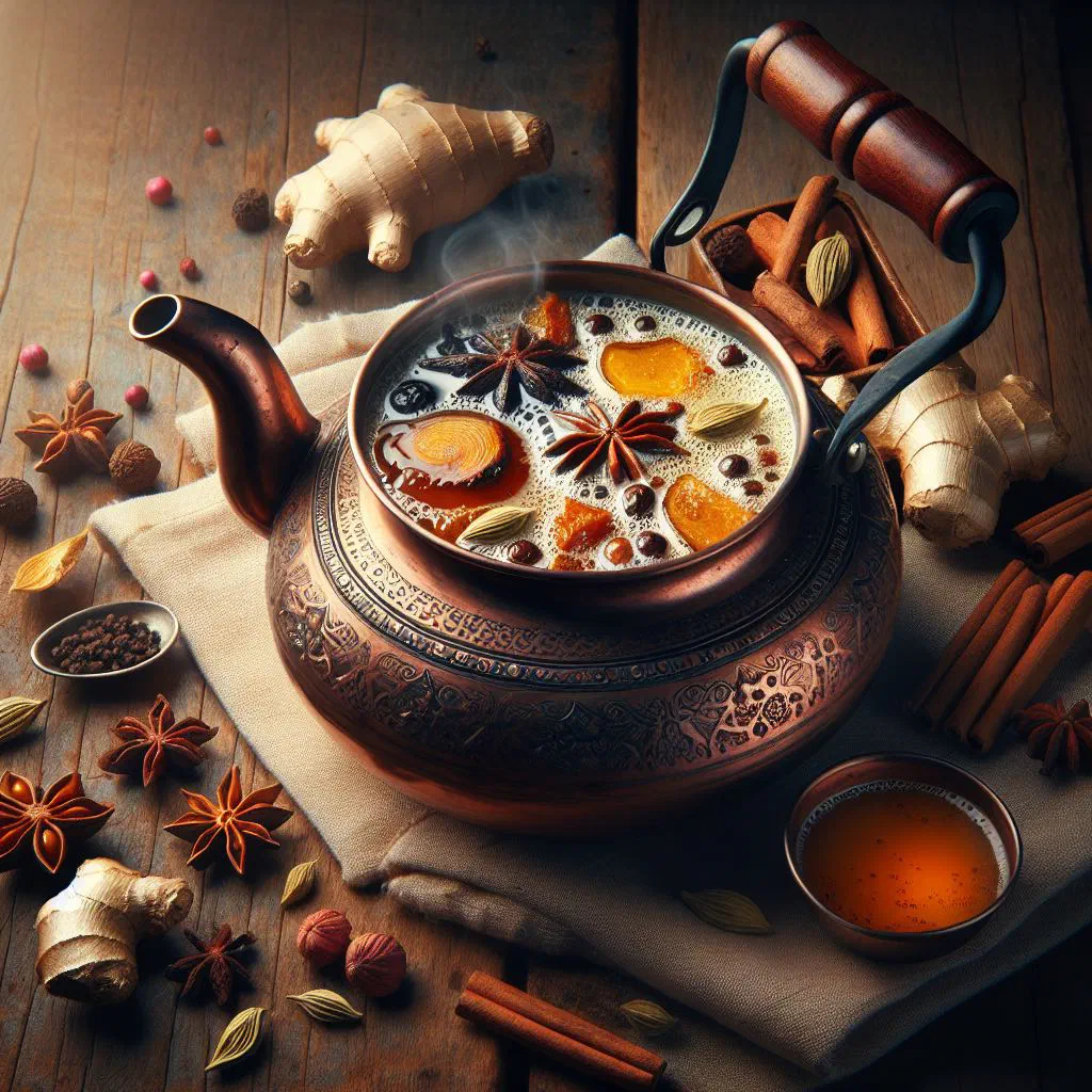 A steaming cup of spiced Nepalese masala tea with whole spices