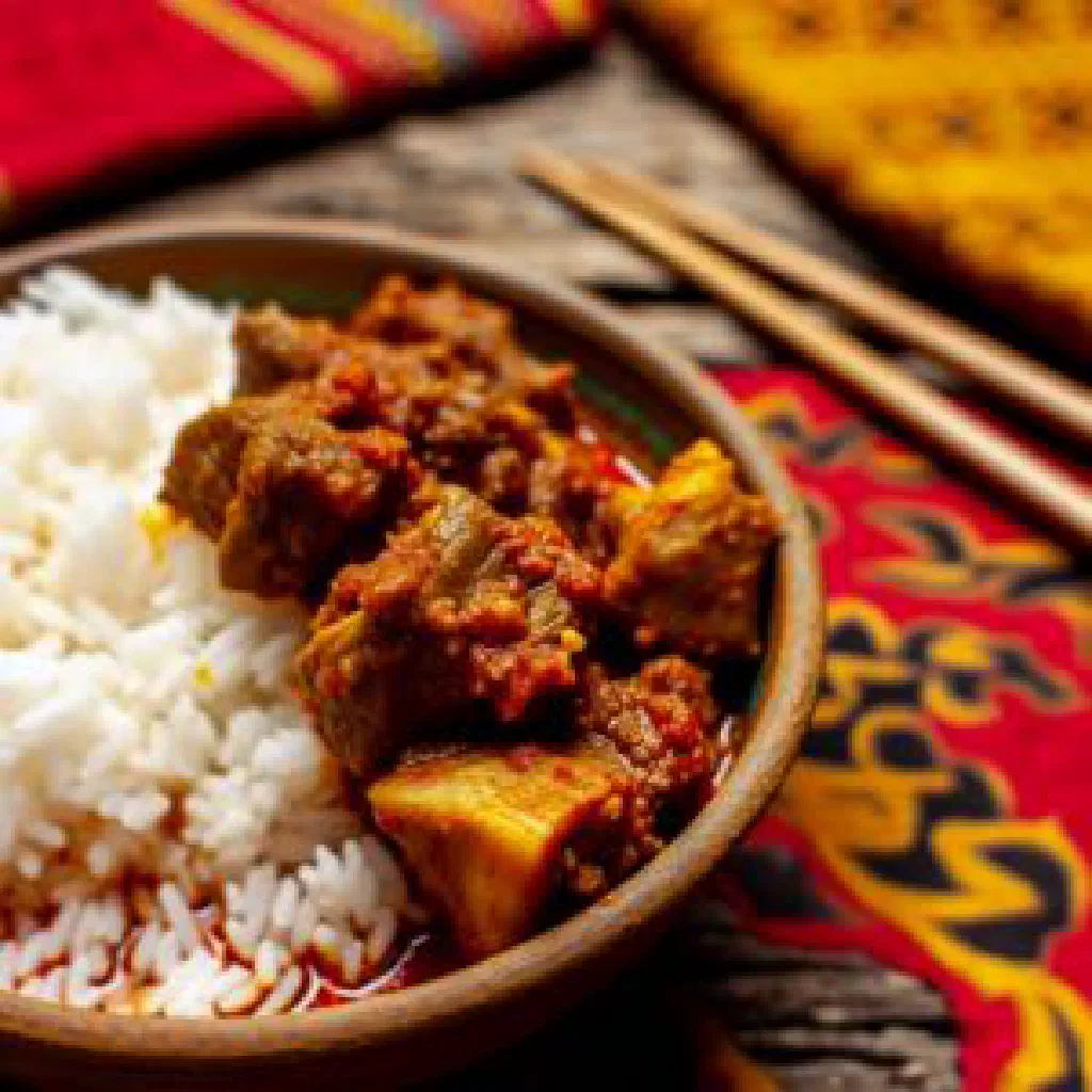 A bowl of Pakku with rice, lentils and fresh coriander