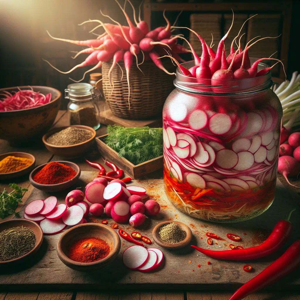 Bowl of Nepalese radish pickle with mustard seeds and chilli