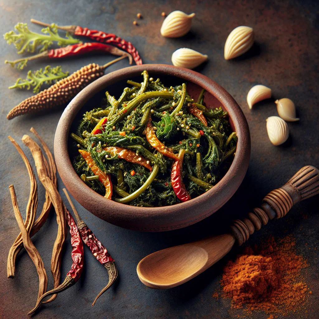 Bowl of Rayo Ko Achar made with chopped mustard greens and spices