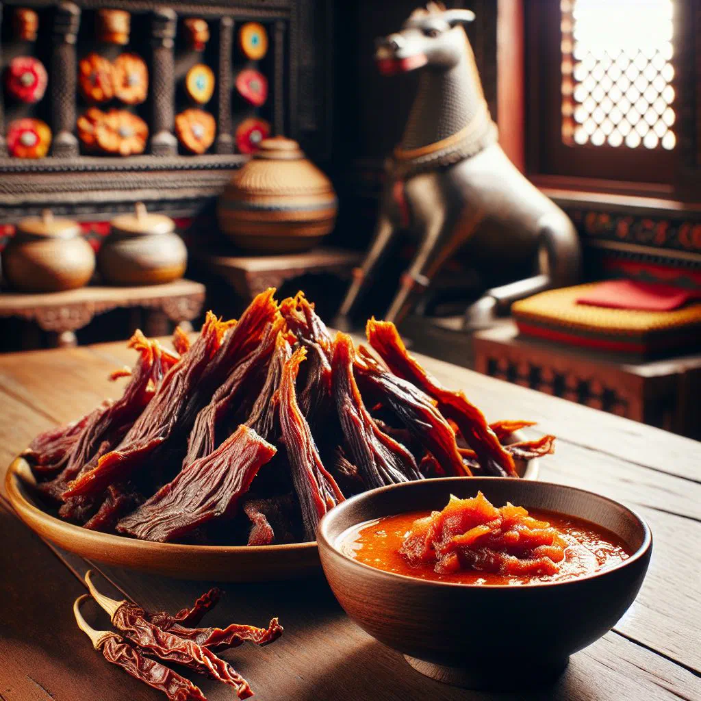 Crispy marinated Nepalese sukuti dried meat strips garnished with fresh coriander