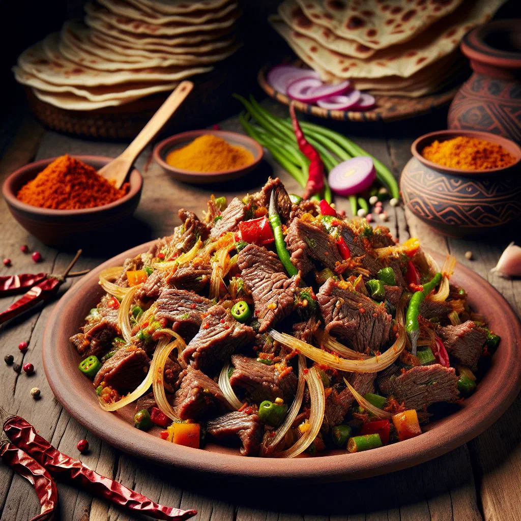Spicy dried beef sukuti sadheko tossed with onion, chillies and coriander