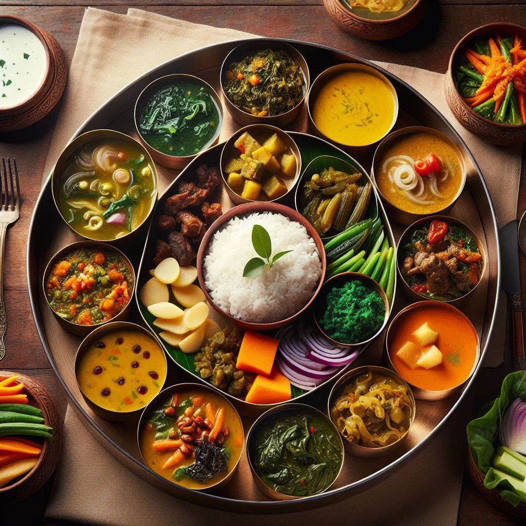 Thakali thali platter with rice, lentil soup, curry and fresh sides