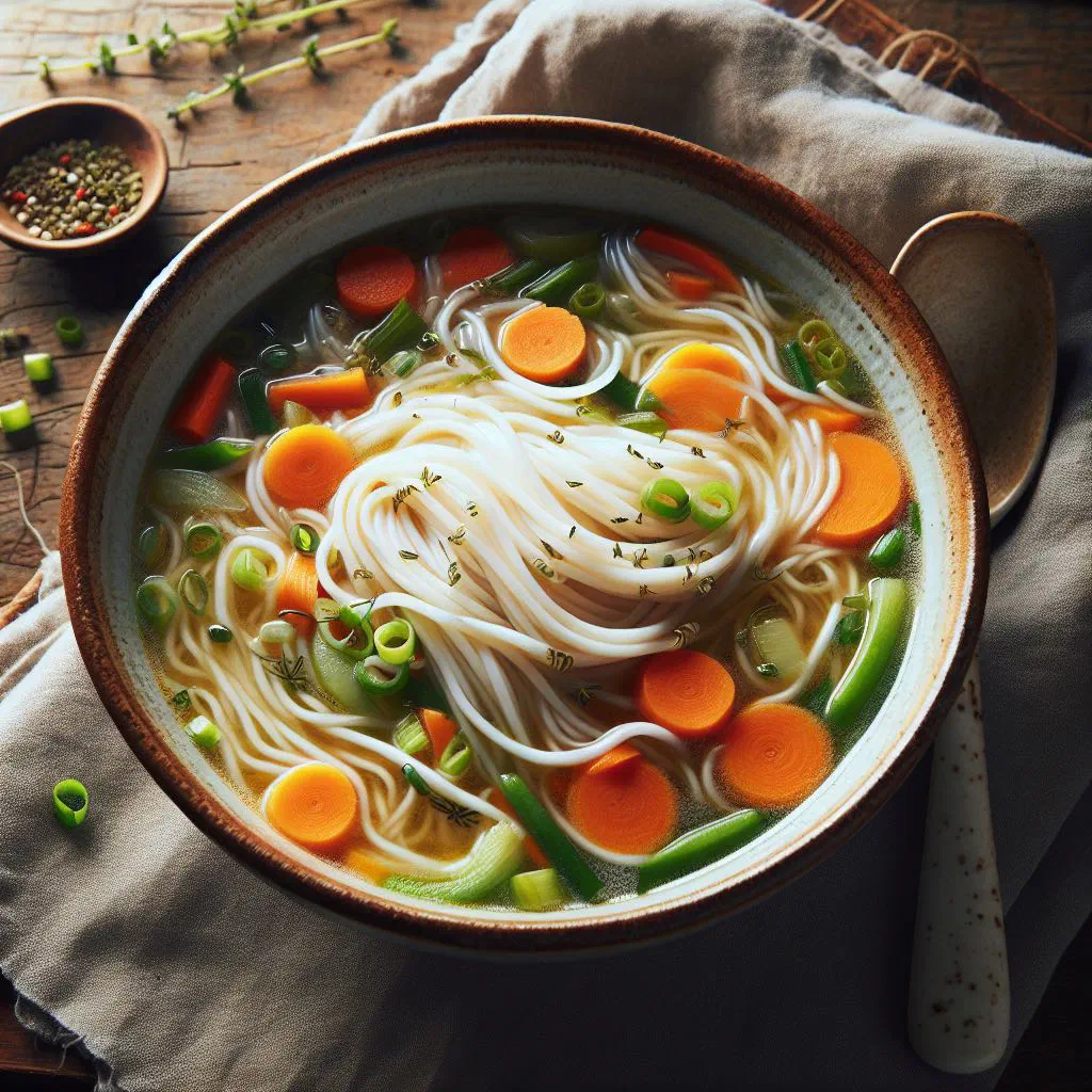 Steaming bowl of Nepalese thukpa noodle soup with vegetables and fresh coriander