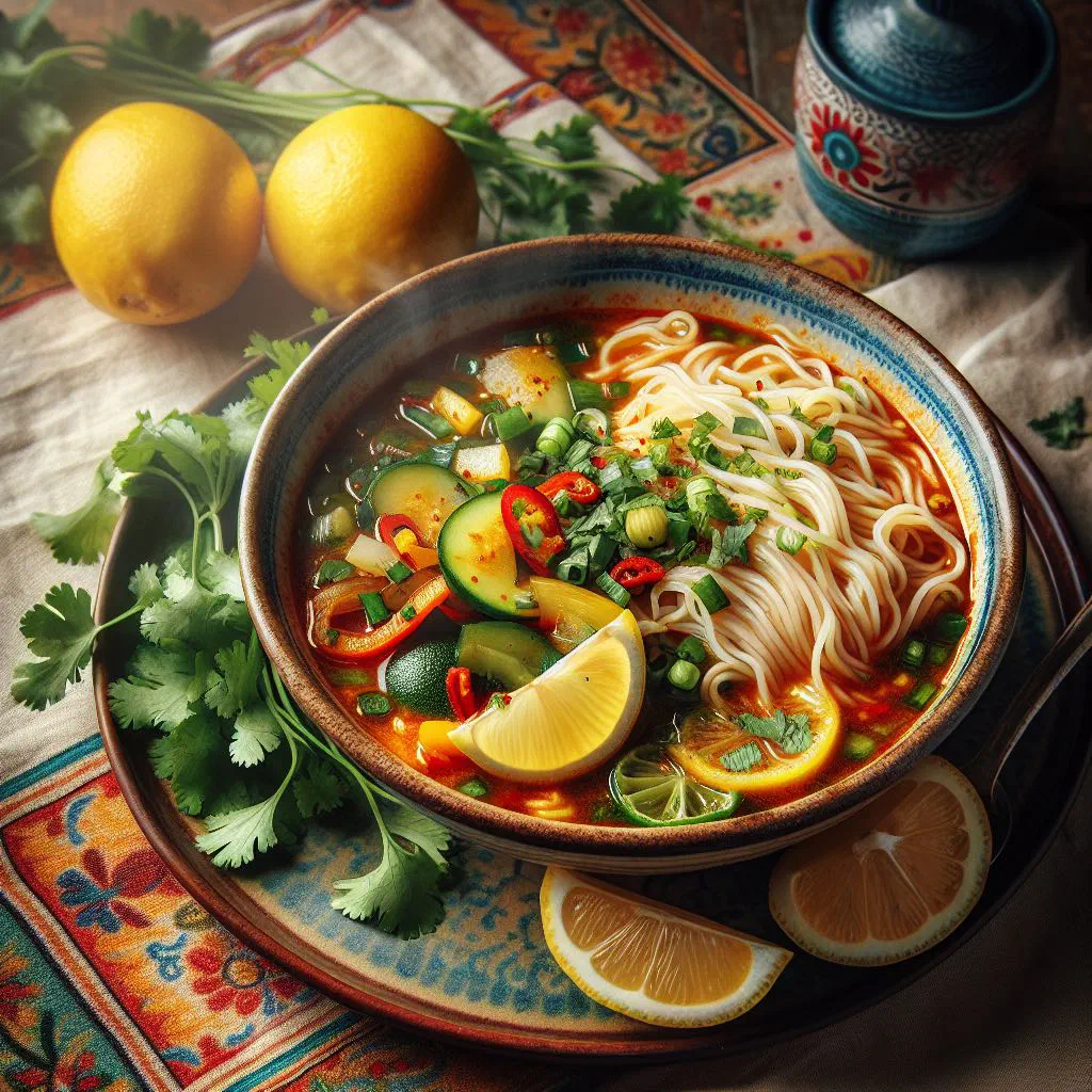 Bowl of Thukpa Sadheko noodle soup with vegetables and fresh coriander