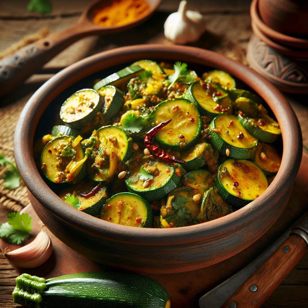 Spiced courgette curry garnished with fresh coriander leaves