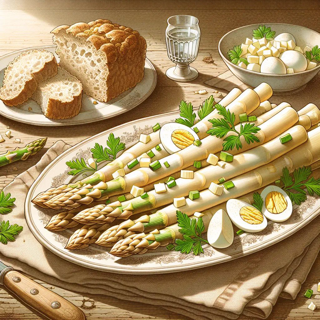 White asparagus topped with melted butter, sliced egg and chopped chives