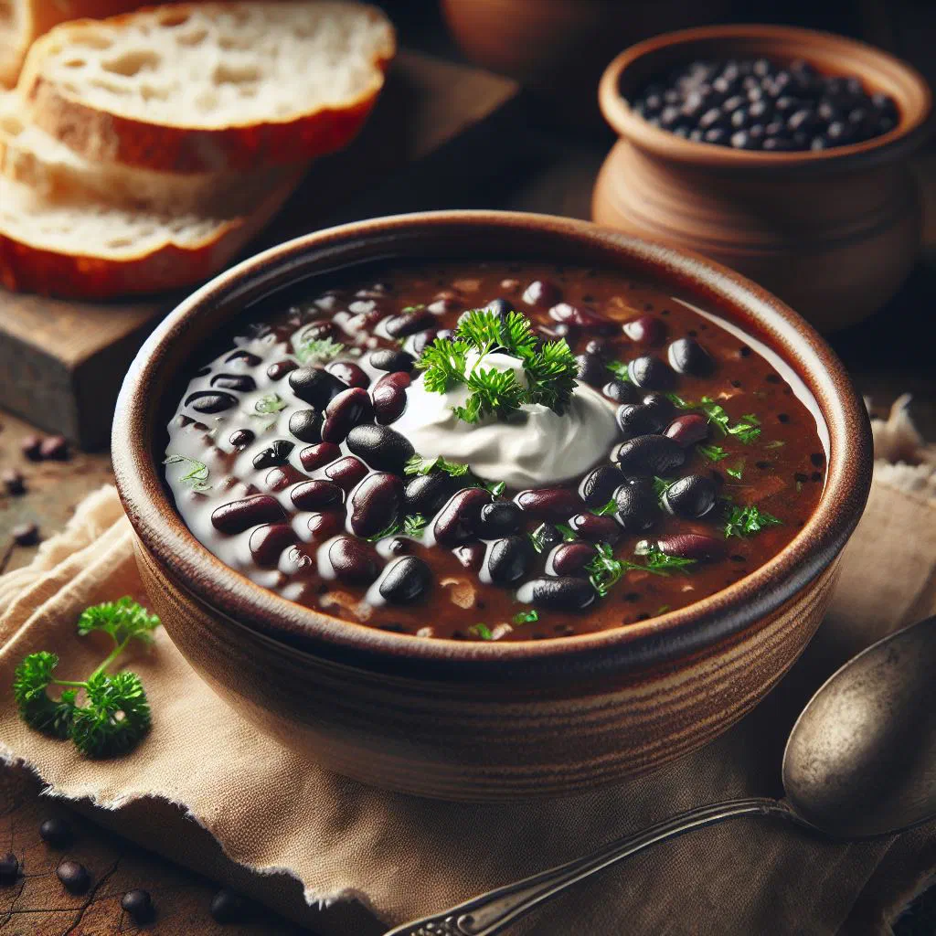A bowl of hearty Dutch black bean soup garnished with fresh parsley