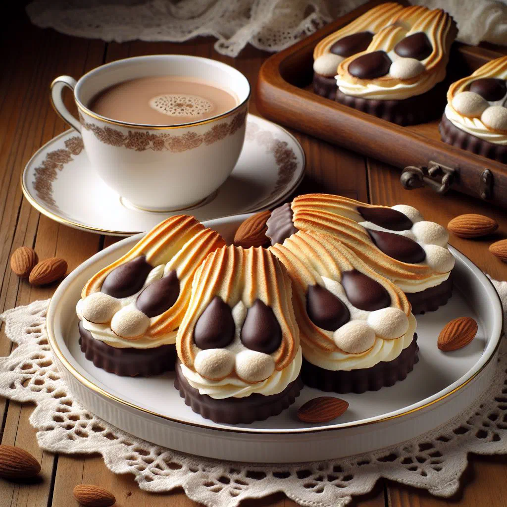Almond Bokkepootjes biscuits with chocolate-dipped ends on a plate