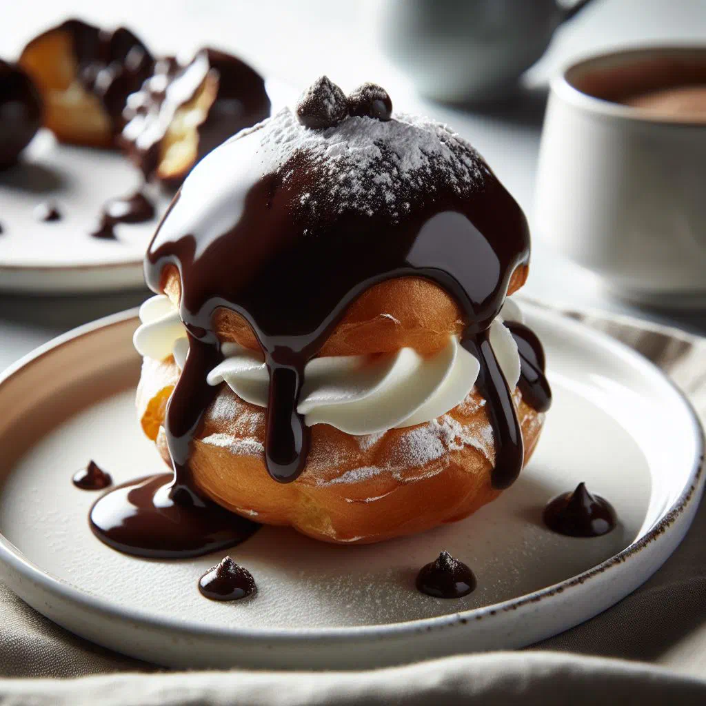 Bossche bollen filled with whipped cream and coated in dark chocolate