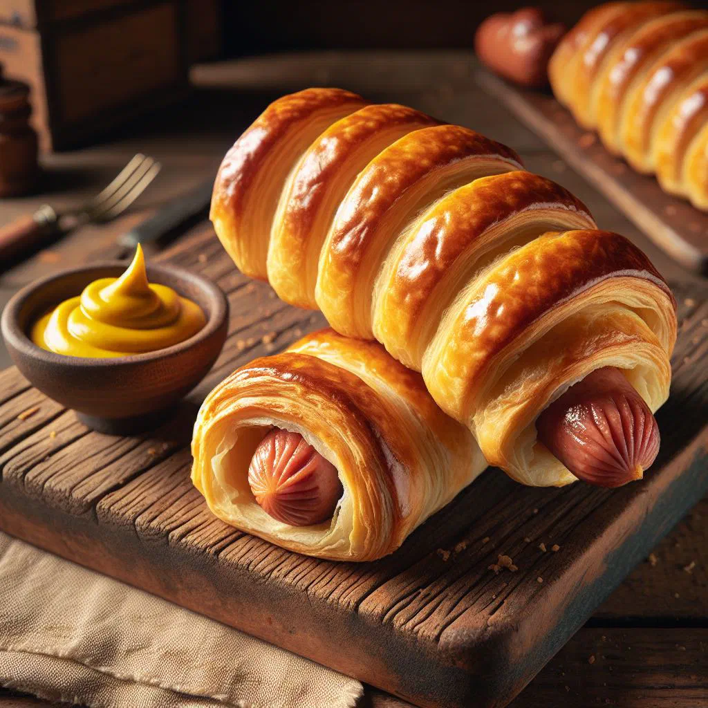 Golden-baked Brabantse worstenbroodjes sausage rolls on a board