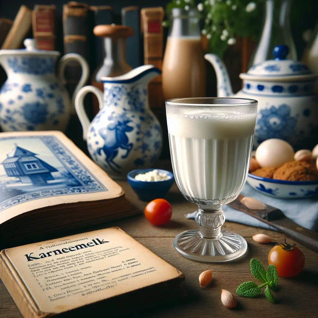 A glass of creamy Dutch buttermilk on a rustic table
