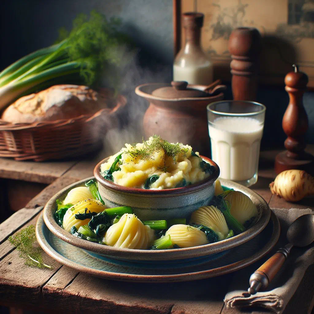 Creamy celeriac and potato stamppot served in a bowl with sausage