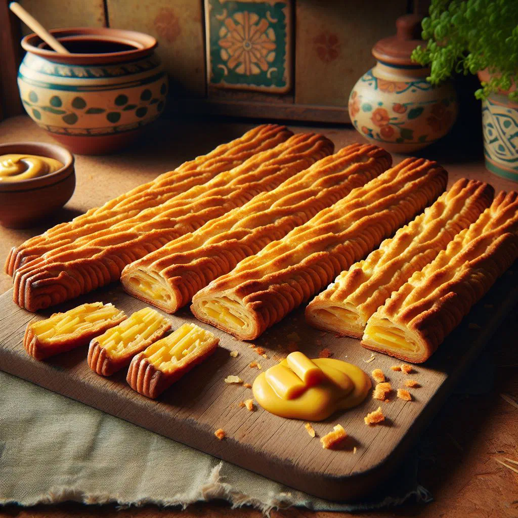 Golden baked Dutch cheese sticks arranged on a serving platter