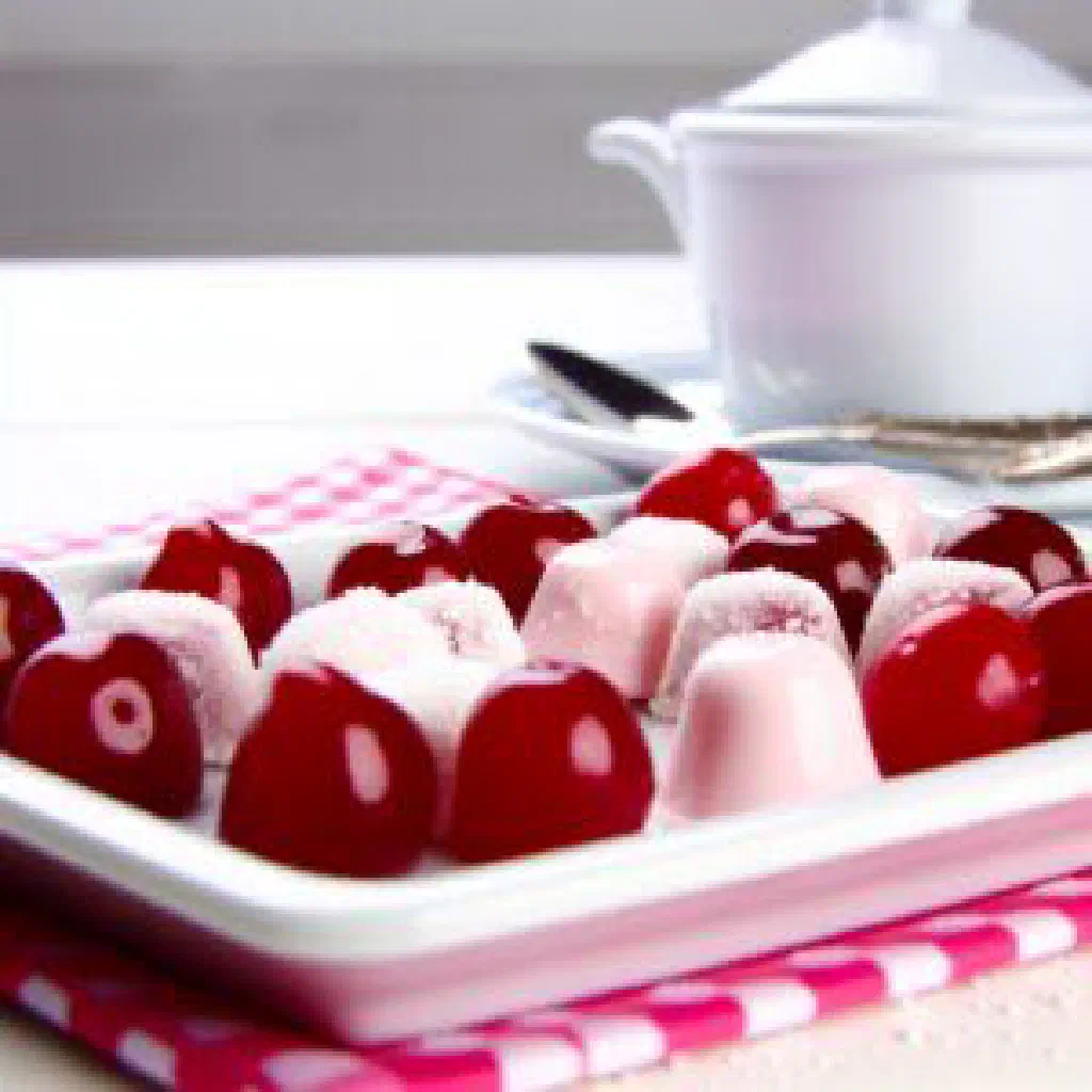 Glossy ruby-red cherry bonbons arranged on a small plate