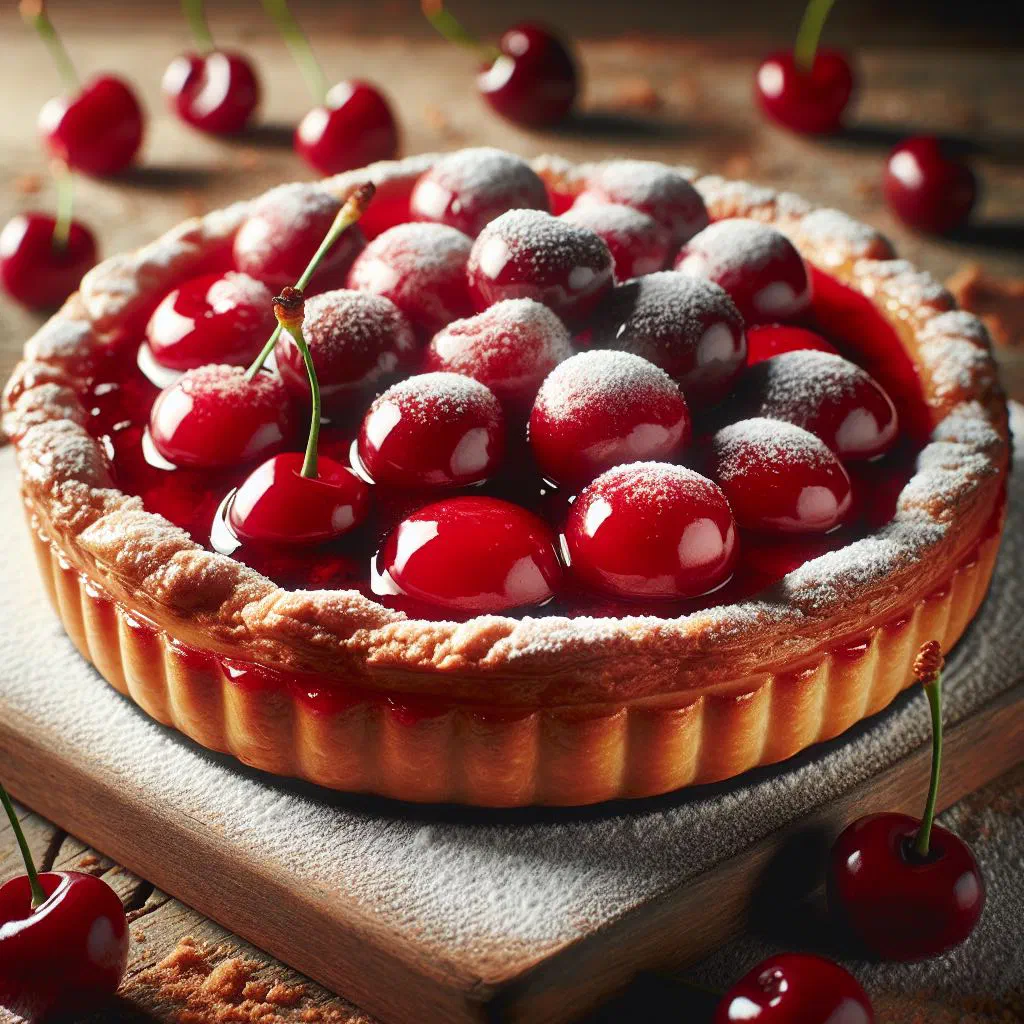 Cherry vlaai with a golden lattice top and juicy cherry filling