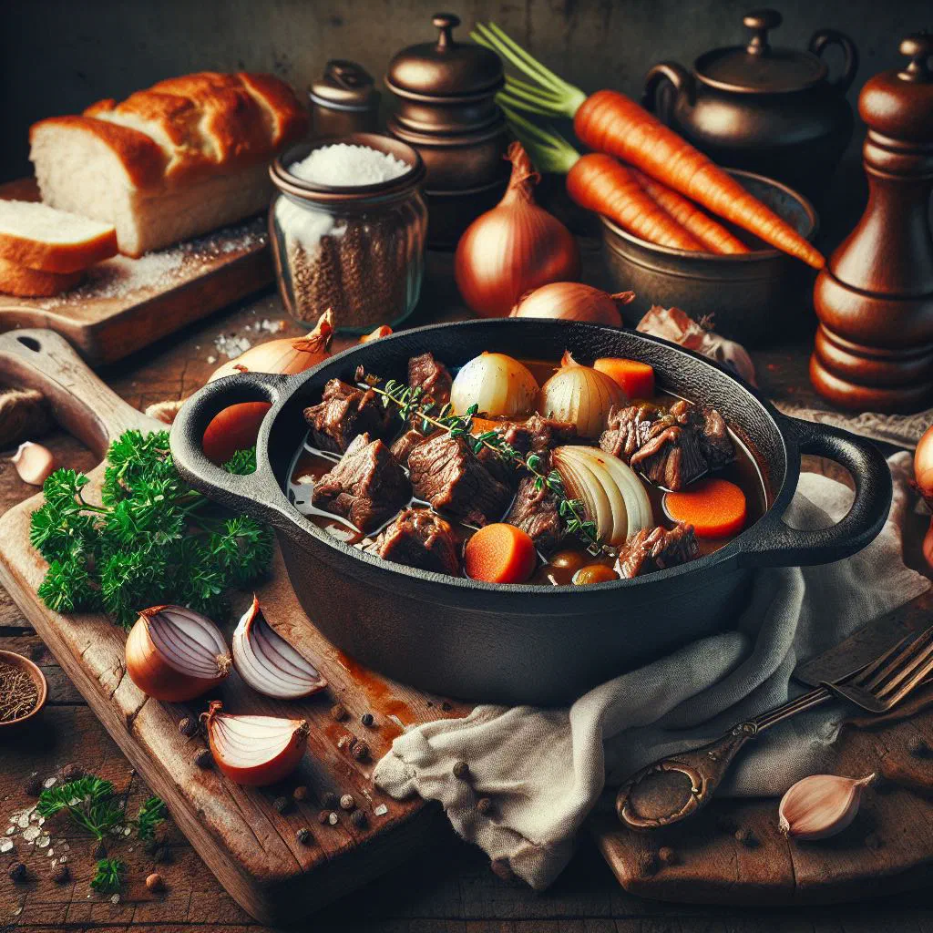Bowl of Dutch beef stew with tender chunks of beef and vegetables