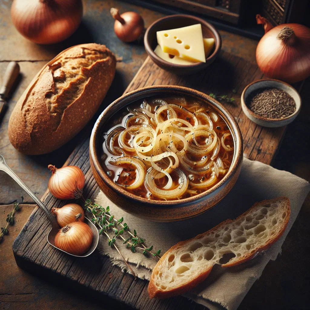 Bowl of Dutch onion soup topped with toasted bread and melted cheese
