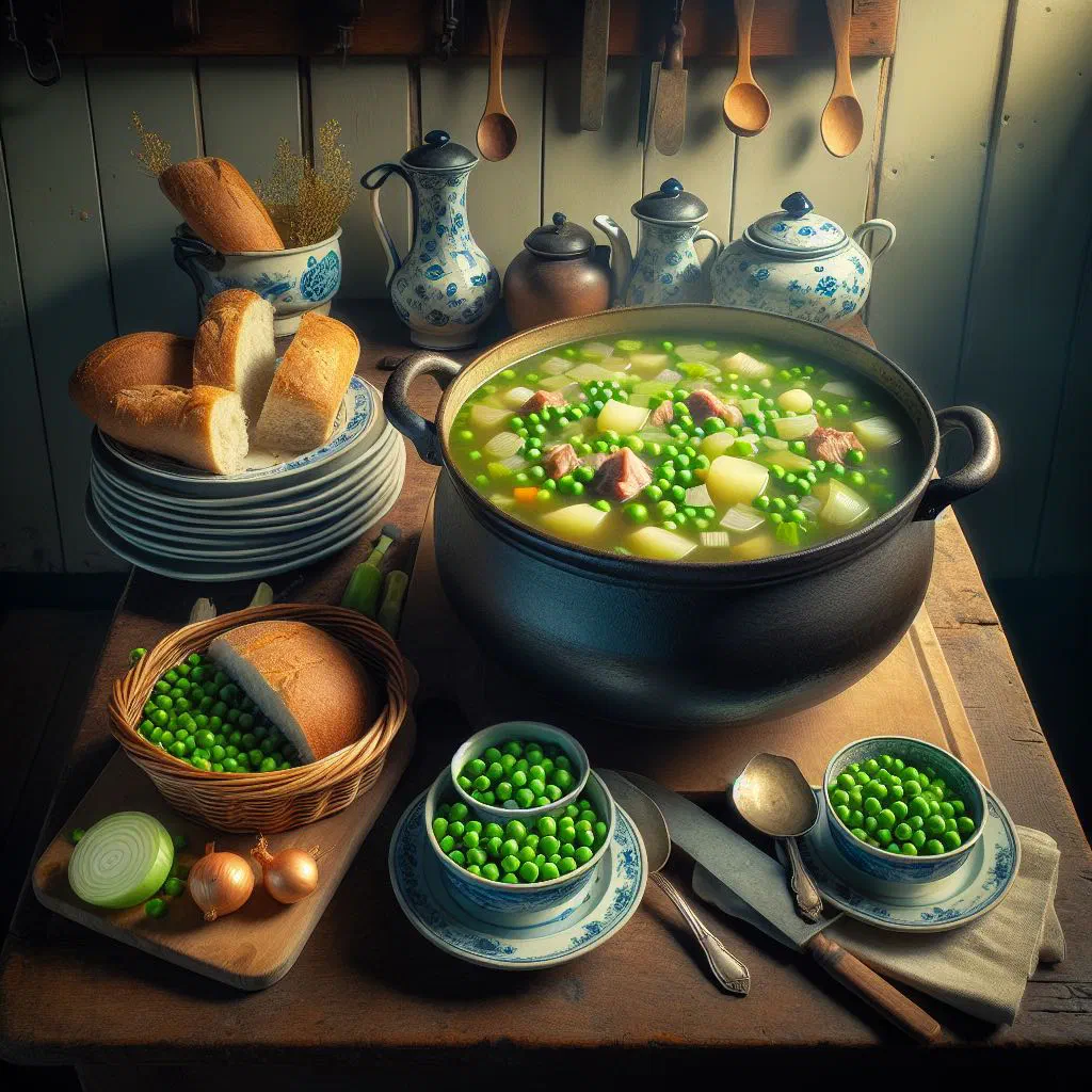 A bowl of thick green Dutch pea soup with smoked sausage