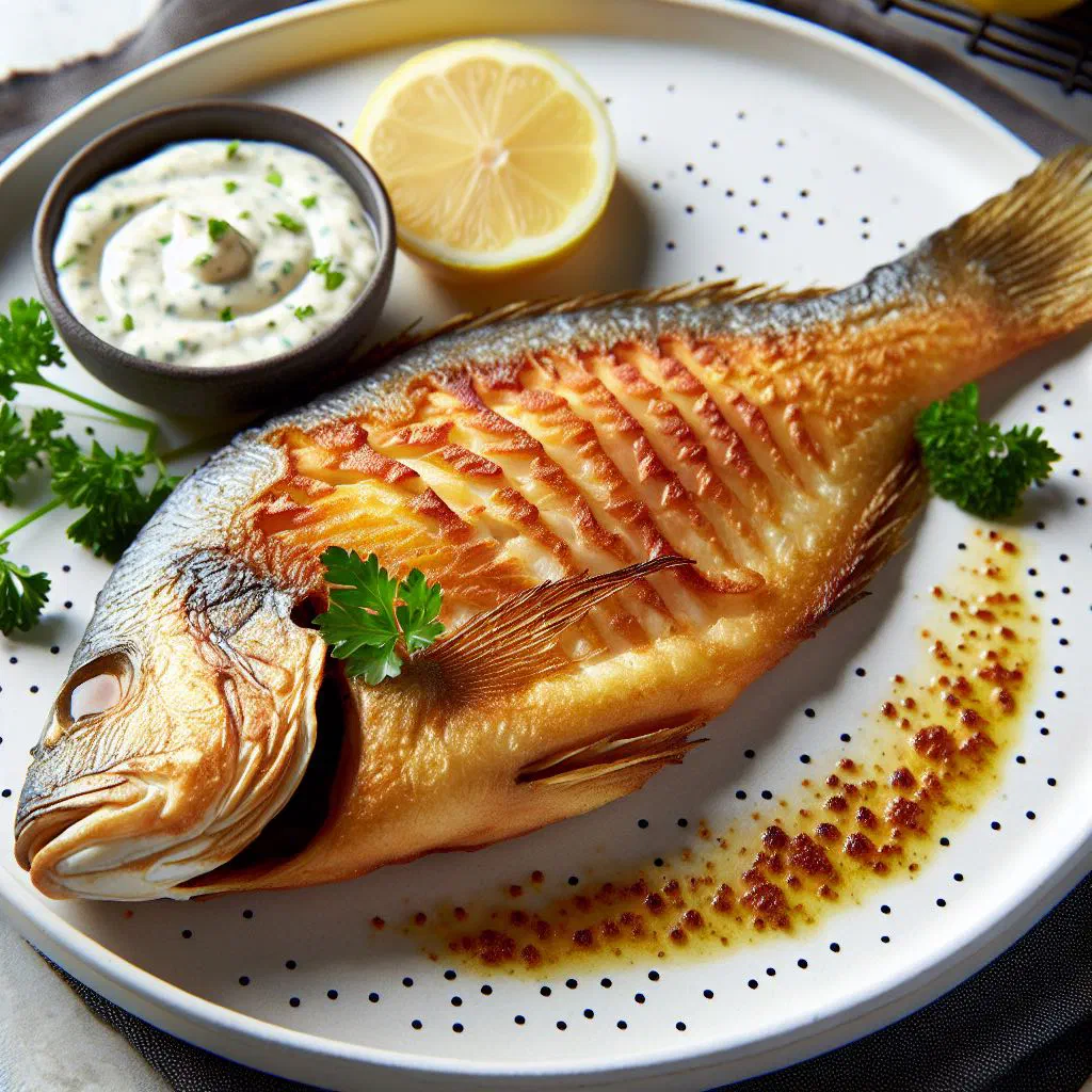 Golden crispy fried fish fillets garnished with lemon and parsley