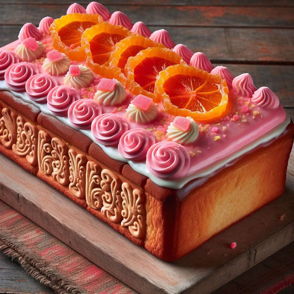 Friese oranjekoek, a bright orange Frisian cake dusted and glazed