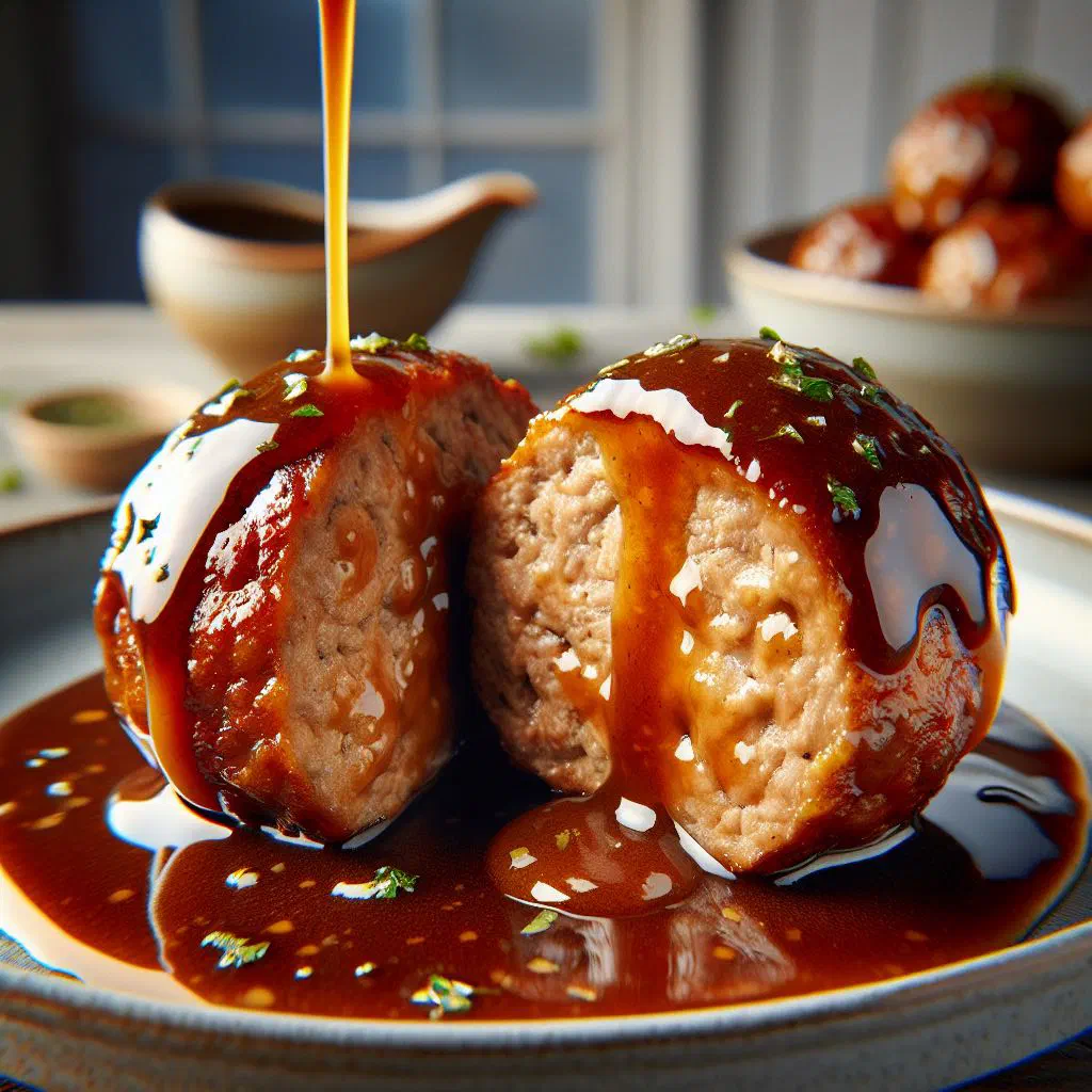 Dutch meatball in rich brown gravy served with mashed potatoes