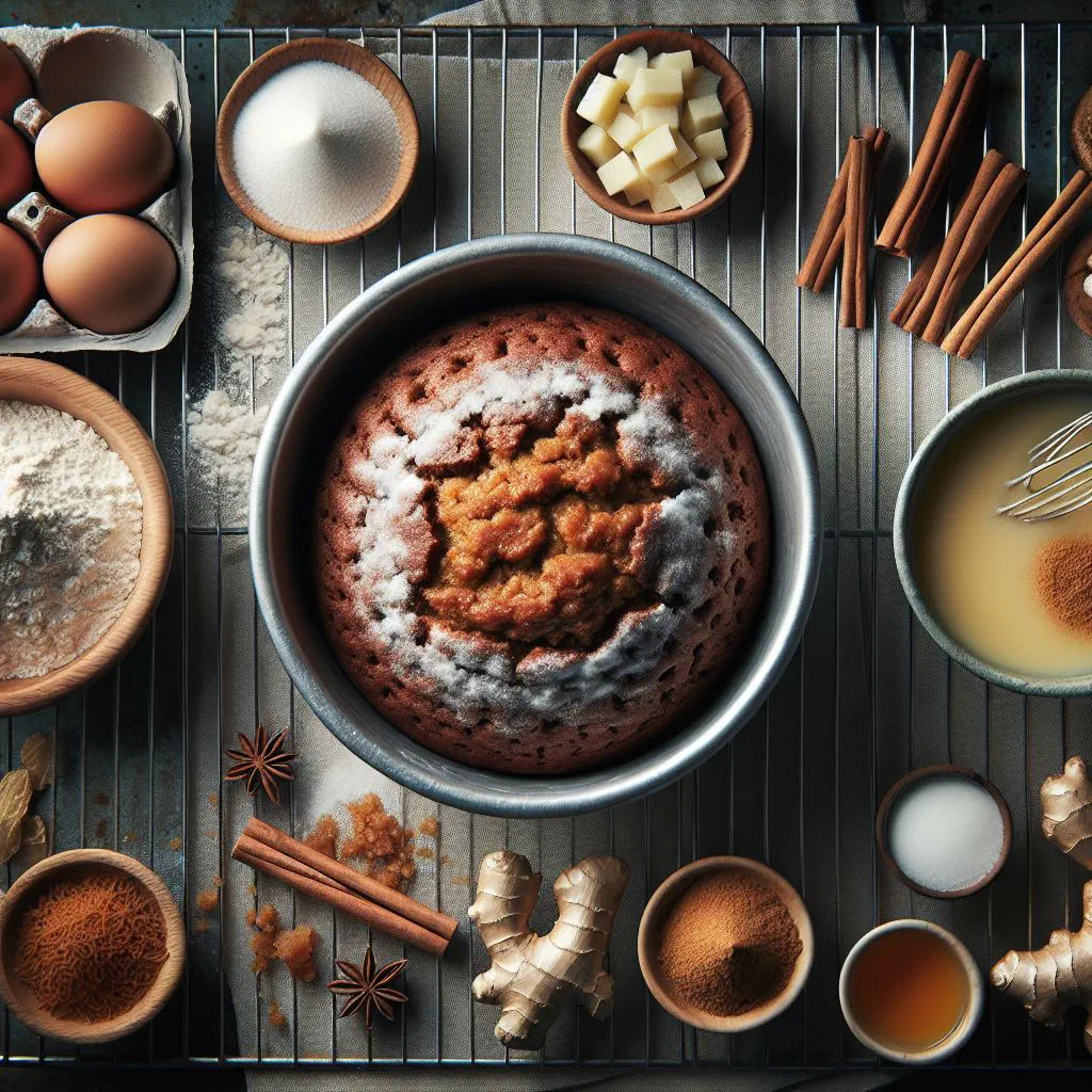 Sliced Dutch ginger spice cake on a wooden board