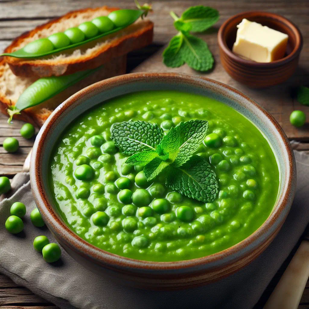 Creamy green pea purée garnished with fresh herbs in a bowl