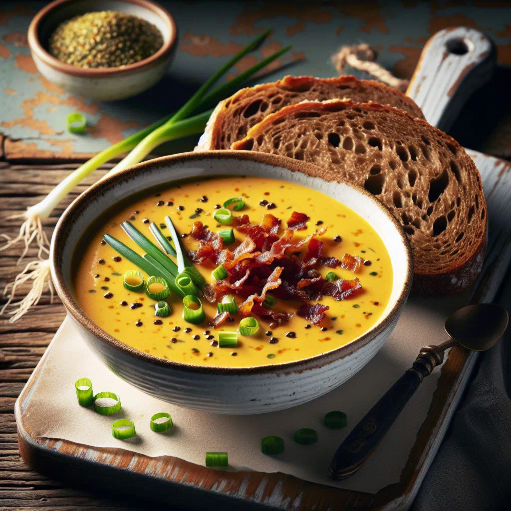 Bowl of creamy Groninger mustard soup garnished with fresh parsley