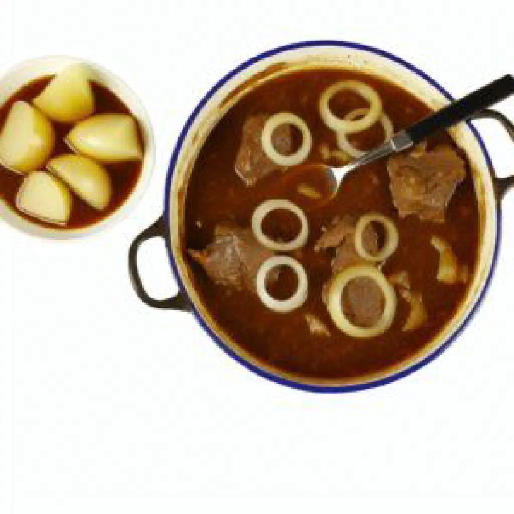 A bowl of Dutch hachee beef and onion stew with a rich dark gravy