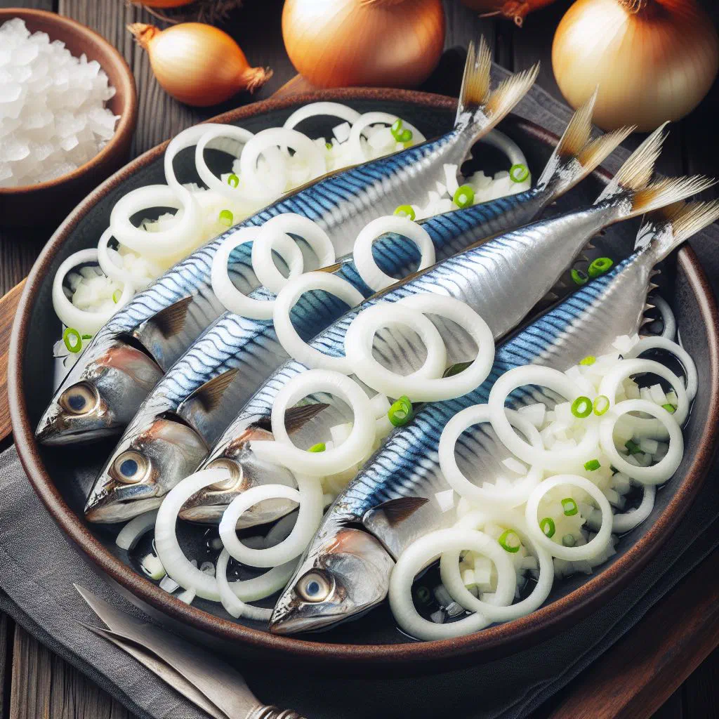 Dutch herring topped with chopped onions and pickle slices