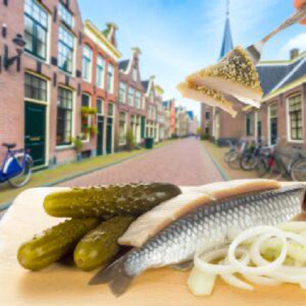 Dutch raw herring topped with chopped onions and pickles