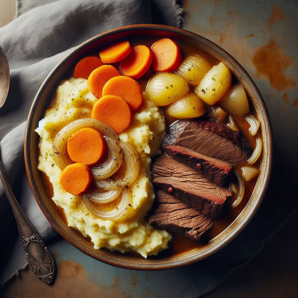 Creamy potato and carrot mash topped with tender braised beef