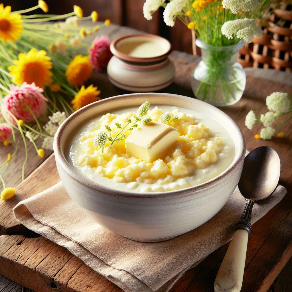 A bowl of creamy Dutch buttermilk porridge dusted with cinnamon