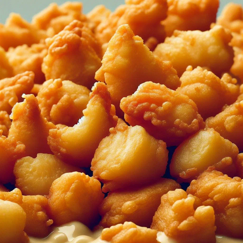 Golden deep-fried kibbeling pieces served with garlic dipping sauce