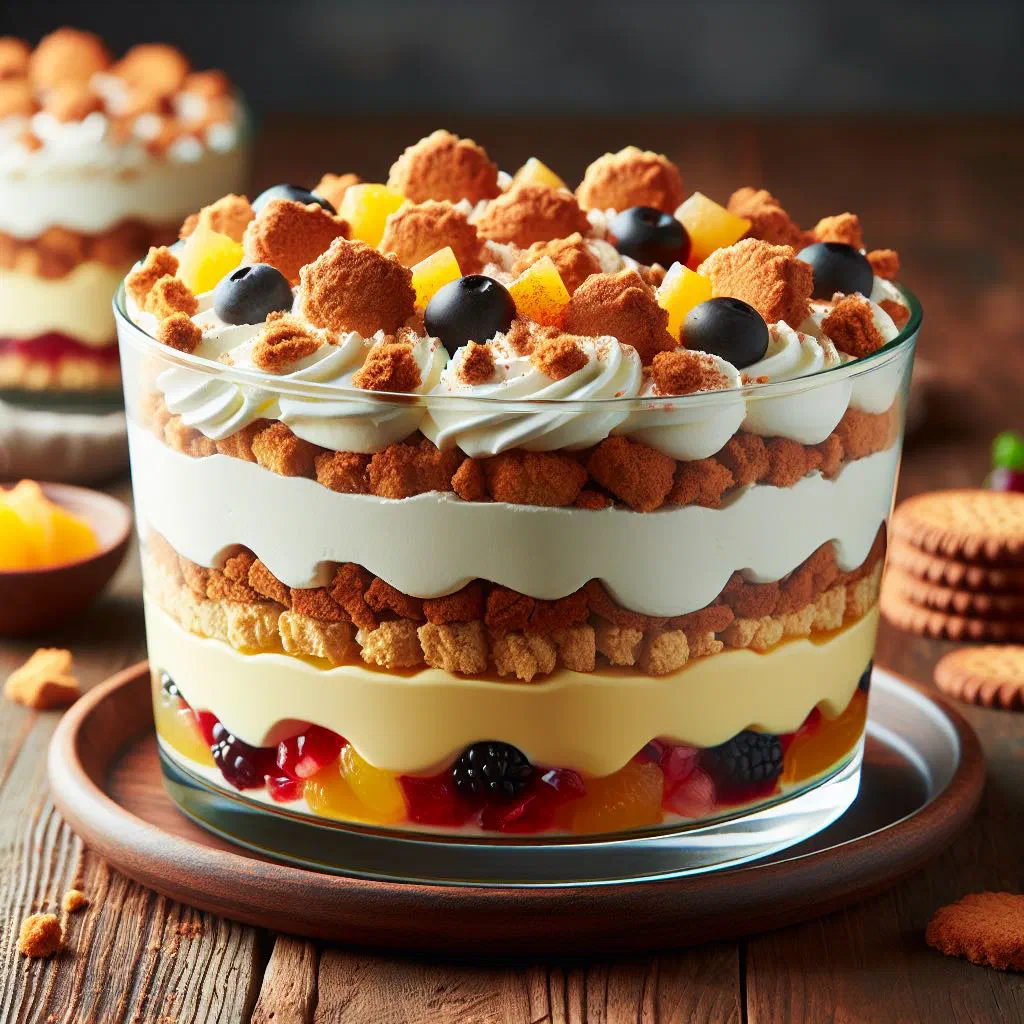 Layered kruidnoten trifle in a glass with custard, fruit and cream