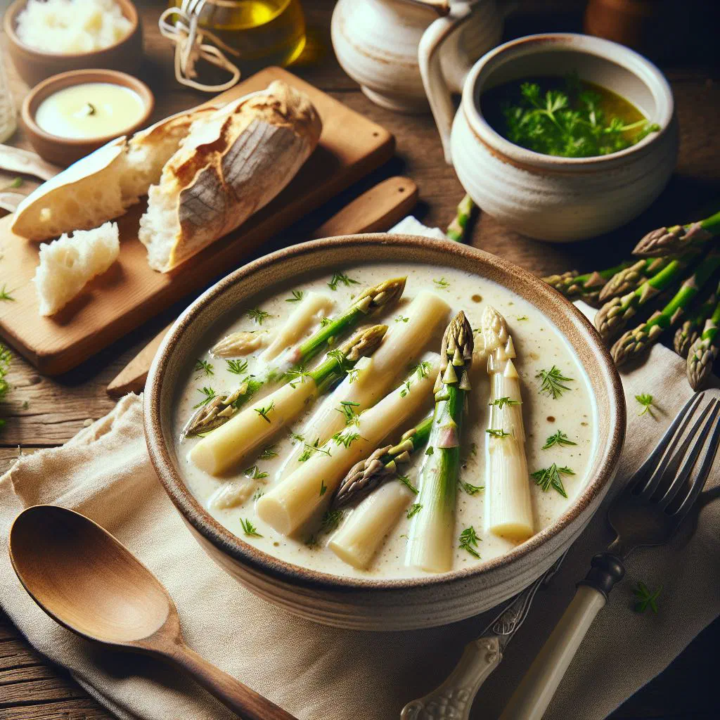 Creamy white asparagus soup garnished with fresh herbs in a deep bowl