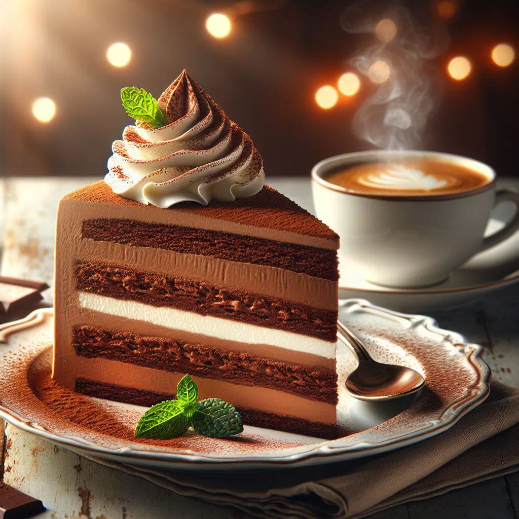 Slice of Dutch mocha cake topped with chocolate shavings and coffee beans