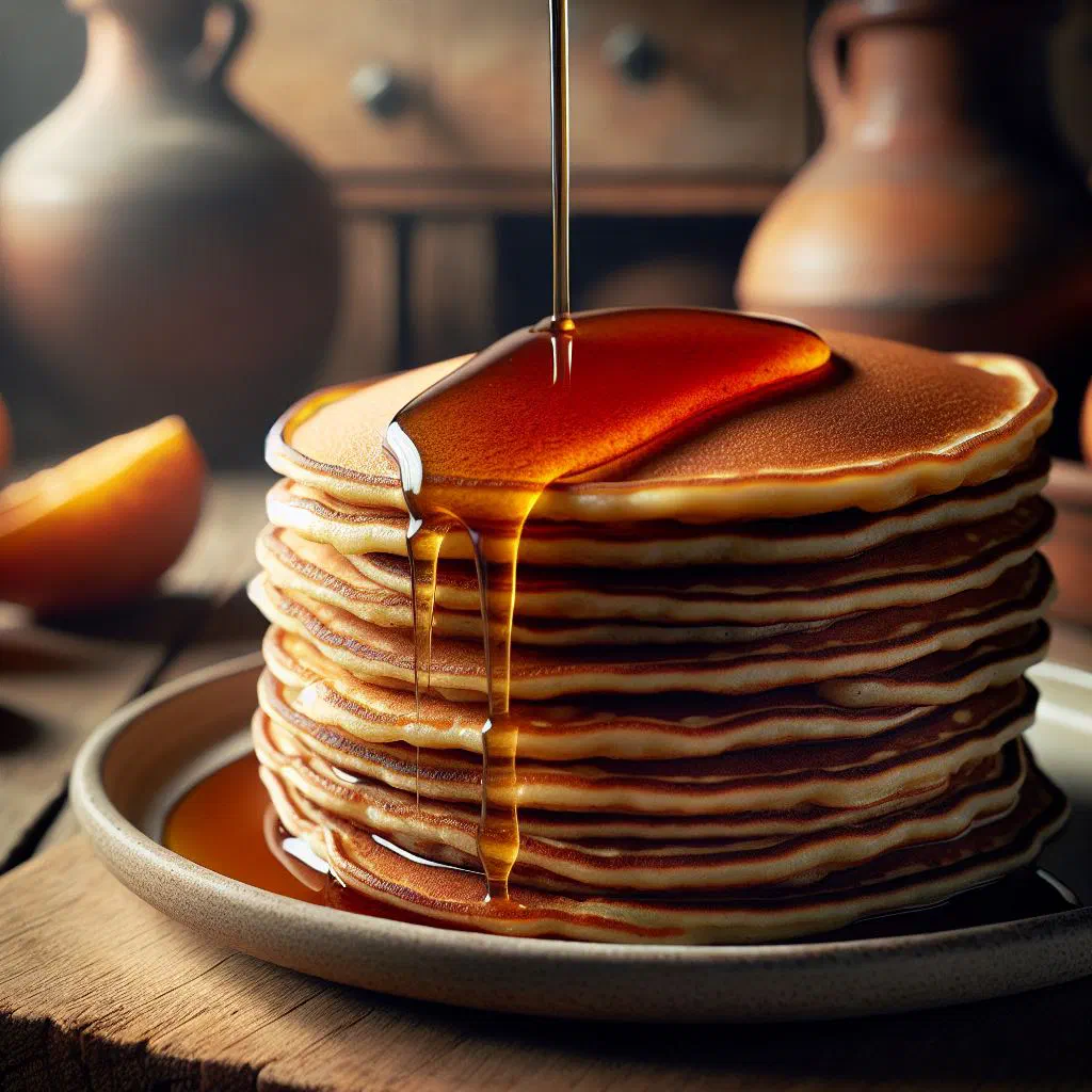 A stack of golden Dutch pancakes drizzled with dark syrup
