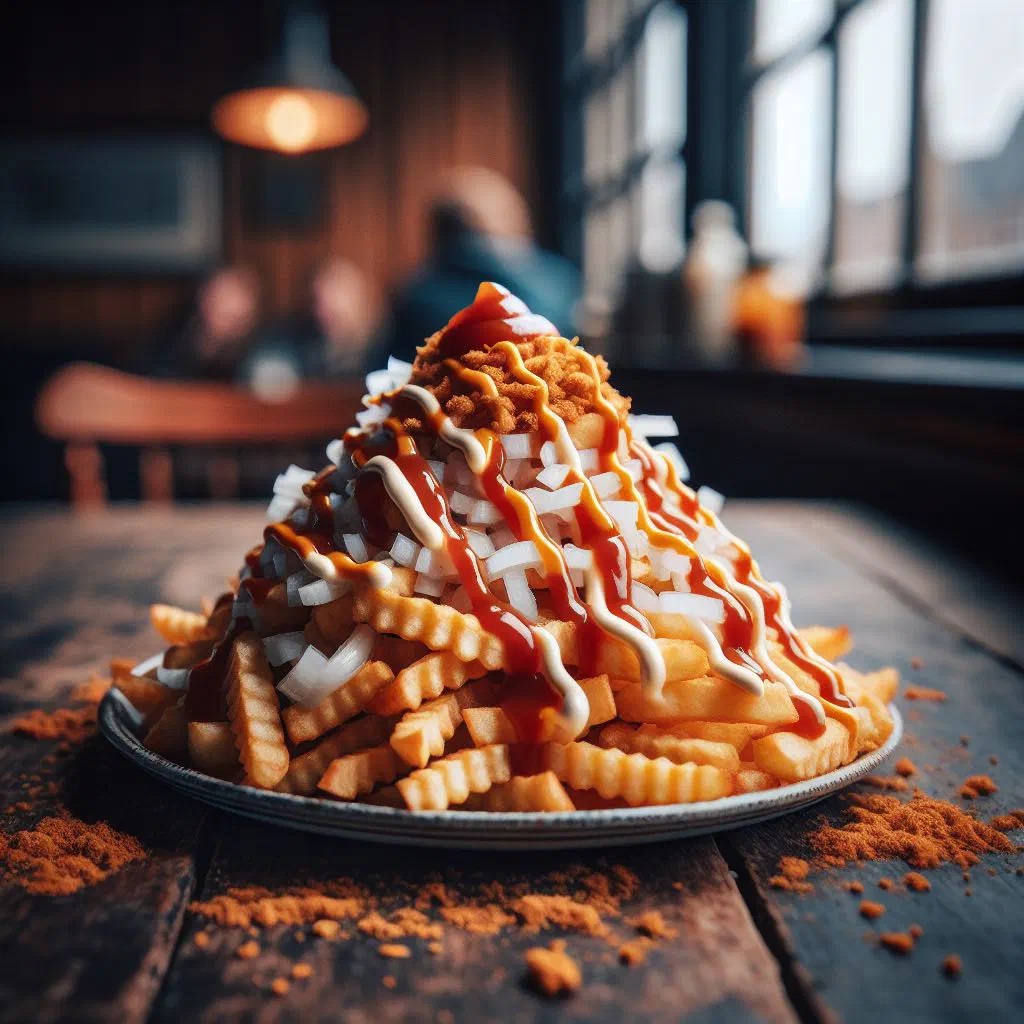 Dutch patatje oorlog: chips topped with mayonnaise, peanut sauce and raw onions