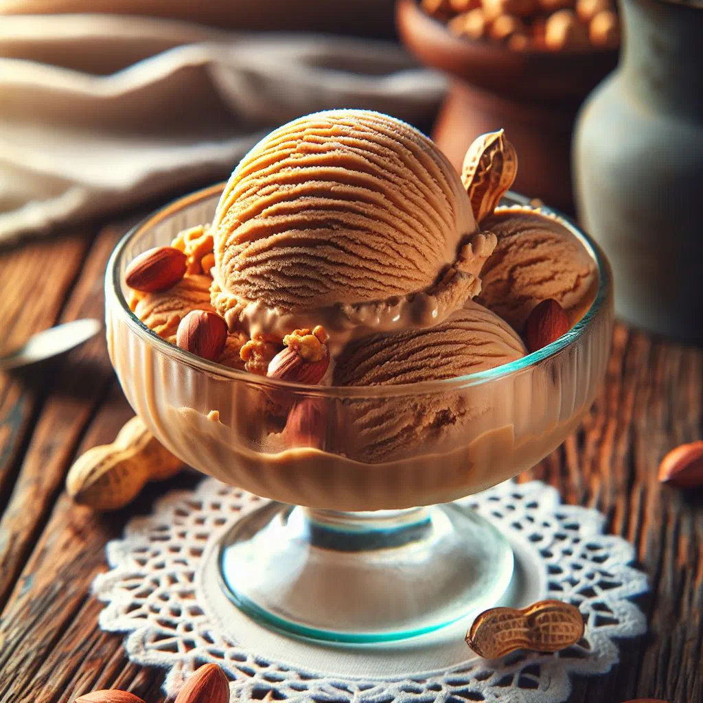 Scoops of creamy peanut butter ice cream topped with roasted peanuts