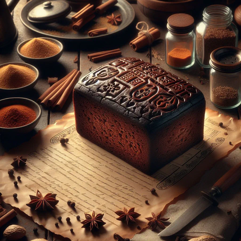 Sliced Dutch peperkoek spiced honey bread on a wooden board