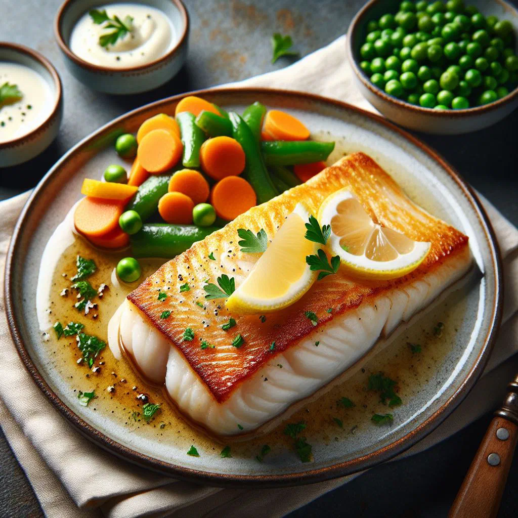 Pan-fried plaice fillets with lemon and fresh herbs on a white plate
