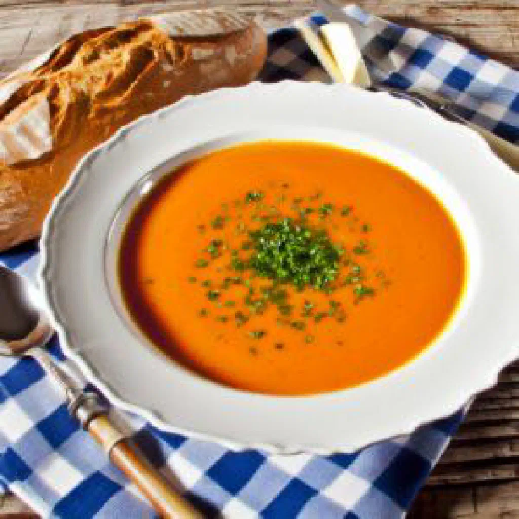A bowl of creamy Dutch Queen's soup garnished with chopped almonds