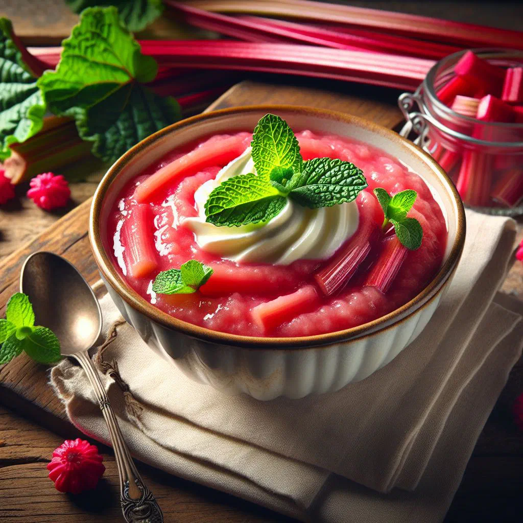 A bowl of Dutch rabarbermoes stewed rhubarb compote